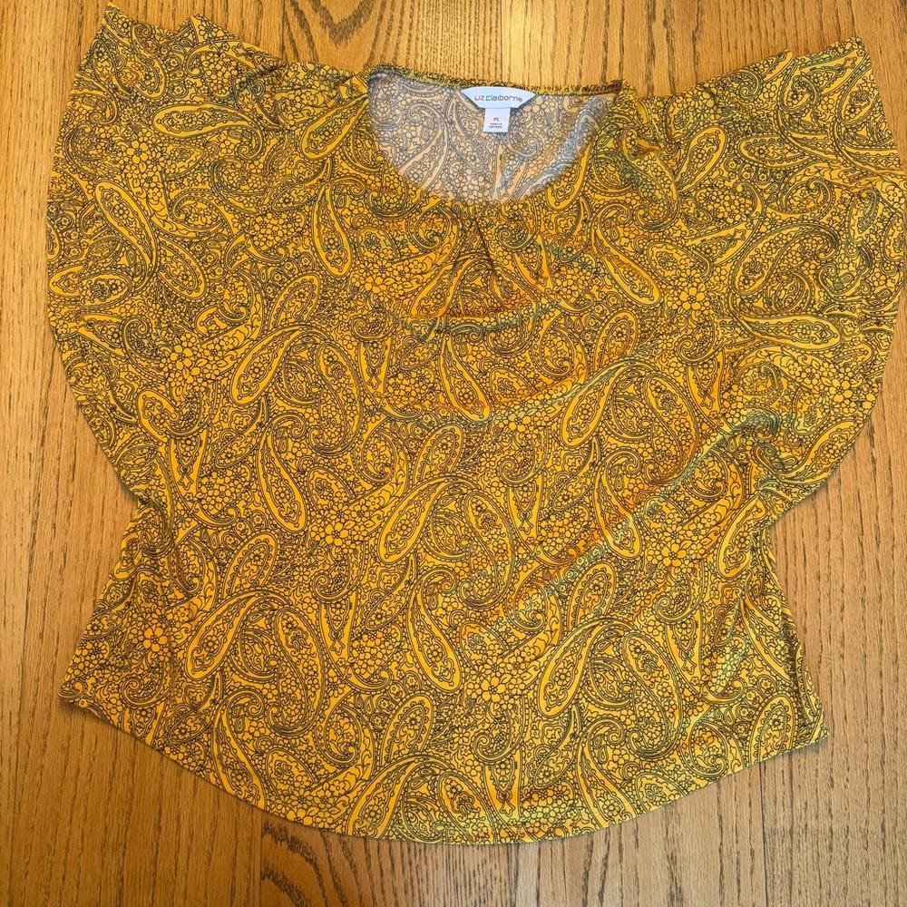 Liz Claiborne Size PL Petite Large Yellow Paisley Print & Dolman Sleeves Blouse